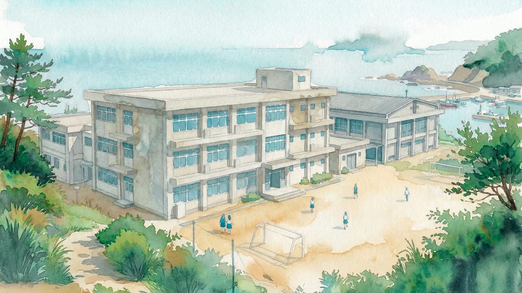 海に面した学校の絵
