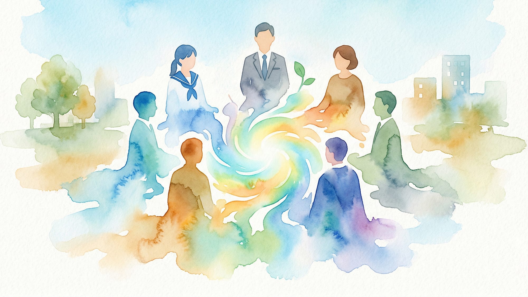 輪になって座る多様な人々の中心で、色鮮やかなエネルギーが渦巻き、交流している様子